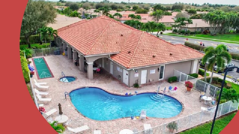 Aerial view of the outdoor pool at Royal Lakes in Boynton Beach, Florida.