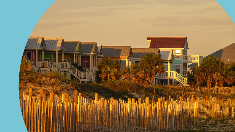 A beach scene at sunset on St. George Island, a barrier island off the Florida Panhandle.