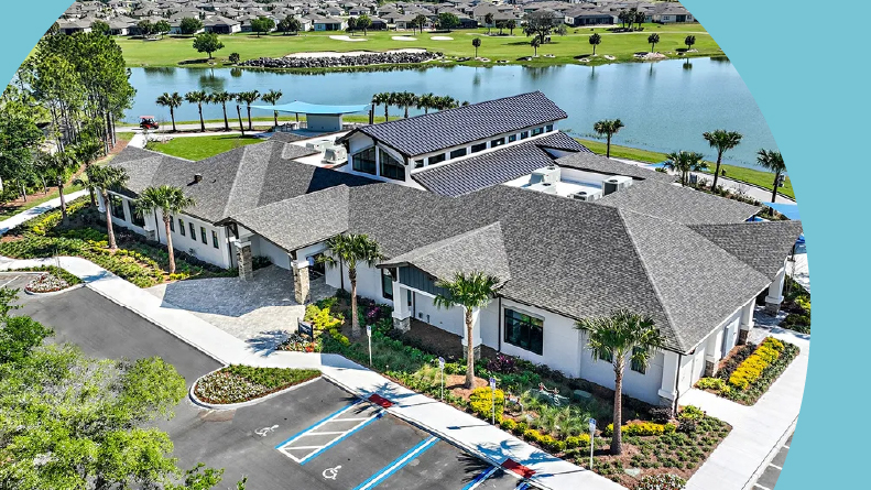 Aerial view of the clubhouse at Stone Creek in Ocala, Florida.