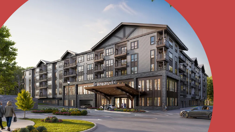 Rendering of an exterior view of the apartment building at Sylvan Woods Westchester in Buchanan, New York.