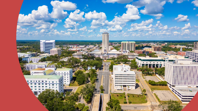 Aerial view of Tallahassee, one of the best places to retire in the Florida Panhandle.