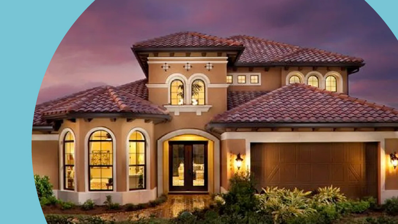 Rendering of an exterior view of a model home at The Isles of Collier Preserve in Naples, Florida.