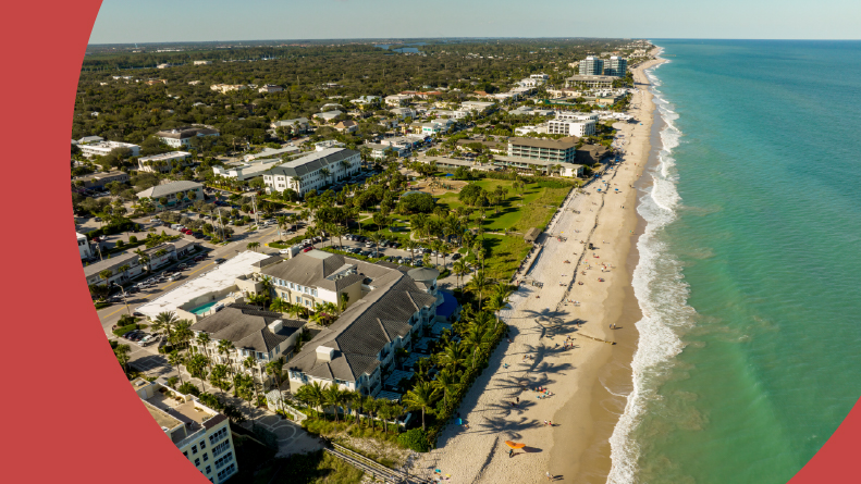 Aerial view of Vero Beach hotels and condominium buildings in Florida.