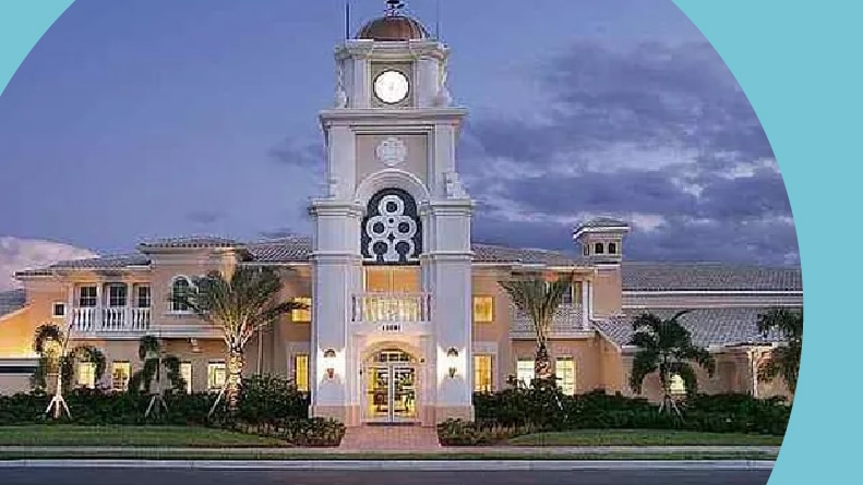 The entrance to the clubhouse at VillageWalk of Bonita Springs in Bonita Springs, Florida.