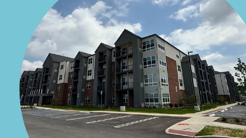 Exterior view of the residential buildings at Vista Riverwest in Noblesville, Indiana.