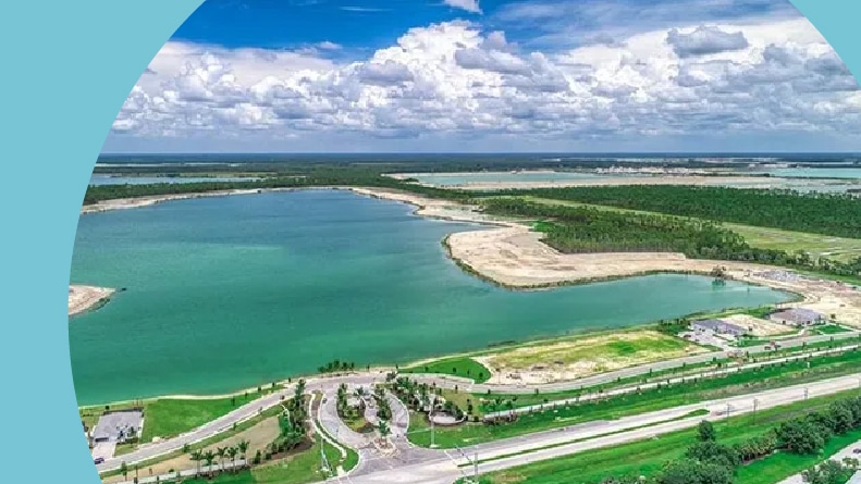 Aerial view of the lake at WildBlue in Estero, Florida.