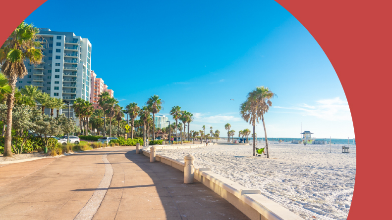 Clearwater beach with beautiful white sand in Florida.