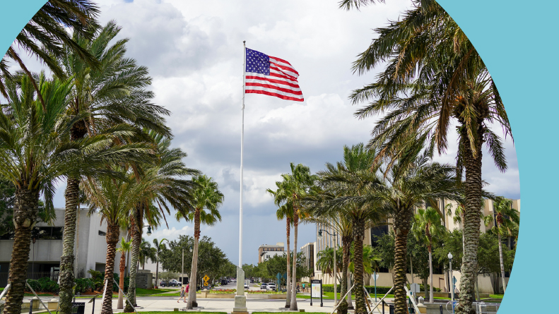 A flag in Veterans Memorial Park on the shores of Lake Monroe in Sanford, Florida.