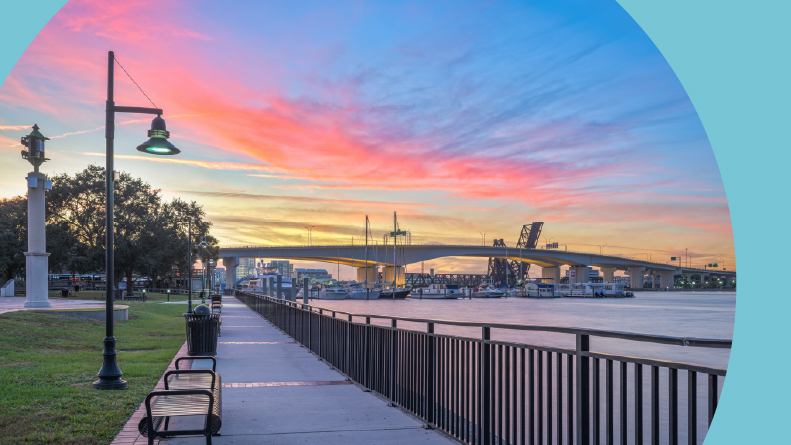 Riverwalk along St. John's River at dusk in Jacksonville, Florida.