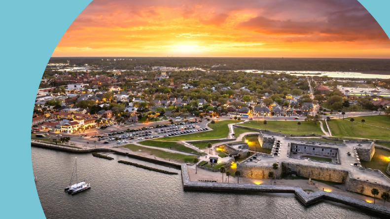Aerial view of Castillo de San Marcos in St Augustine, Florida at sunset.