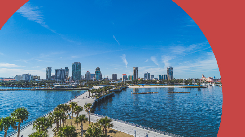 Aerial view of St. Petersburg, Florida looking west from the pier against a blue sky.