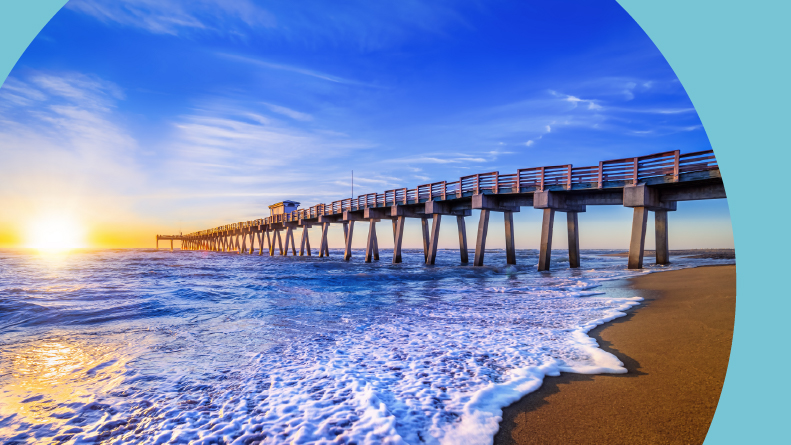 The famous Venice pier at sunset in Florida.