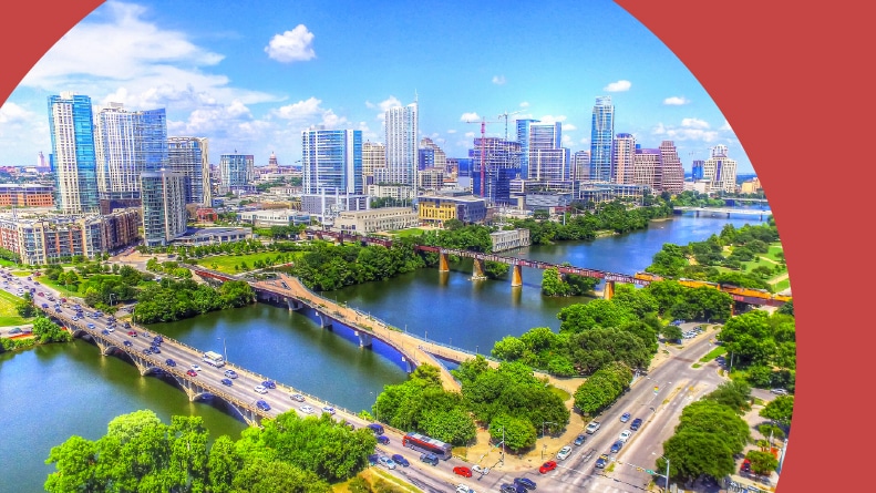 Aerial view of Austin, Texas, on a sunny day.