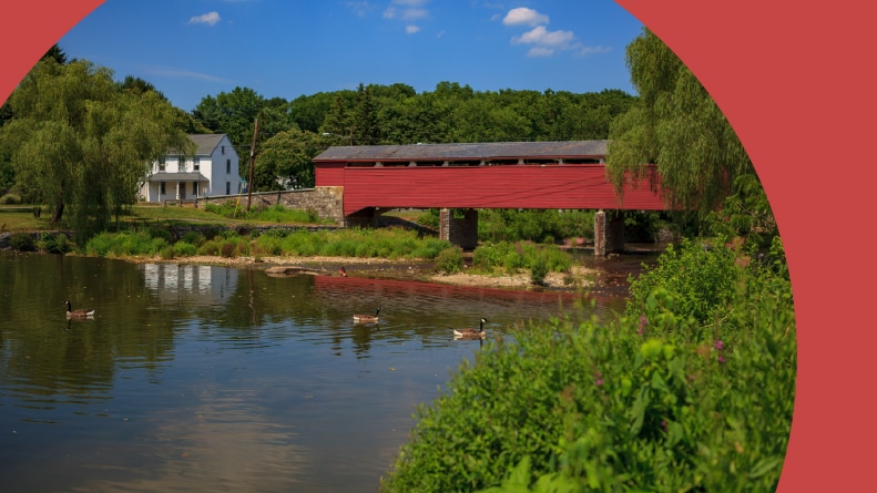 The Wehr Covered Bridge, a historic wooden structure located in South Whitehall Township, Pennsylvania.