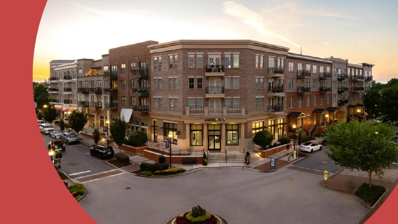Exterior view of the residential buildings at Amorance in Alpharetta, Georgia.