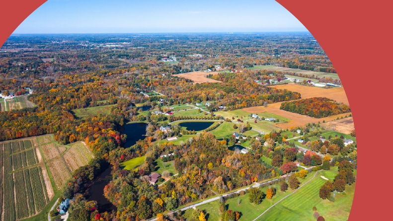 A heart-shaped pond in the front yard of a residential property in Columbia Station, Ohio.