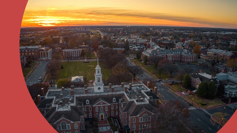Aerial view of Dover, Delaware during autumn at dusk.