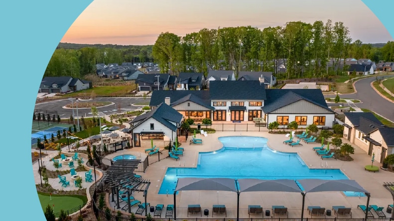 Aerial view of the amenities at Encore at Chatham Park in Pittsboro, North Carolina.