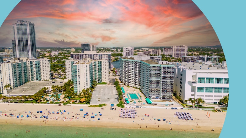 Aerial view of Hallandale Beach, Florida, at sunset.