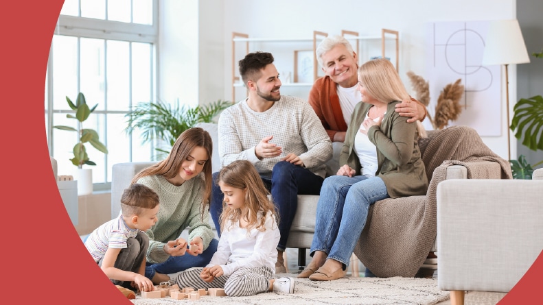 A multigenerational family spending time together at home.