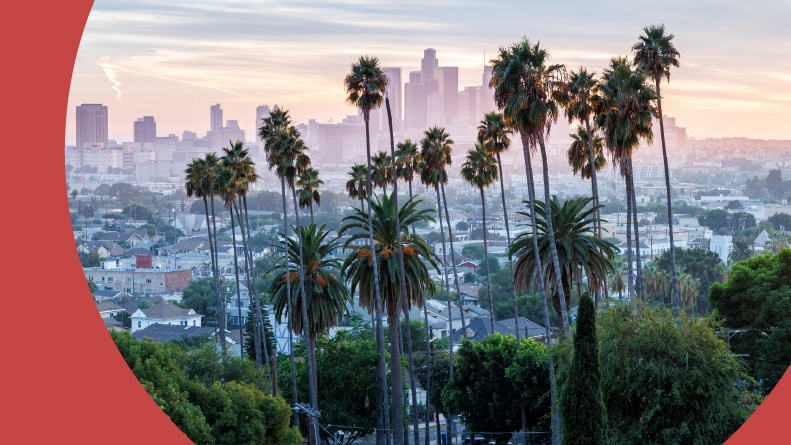 View of the Los Angeles skyline and downtown with palm trees at sunset in Ela Park.
