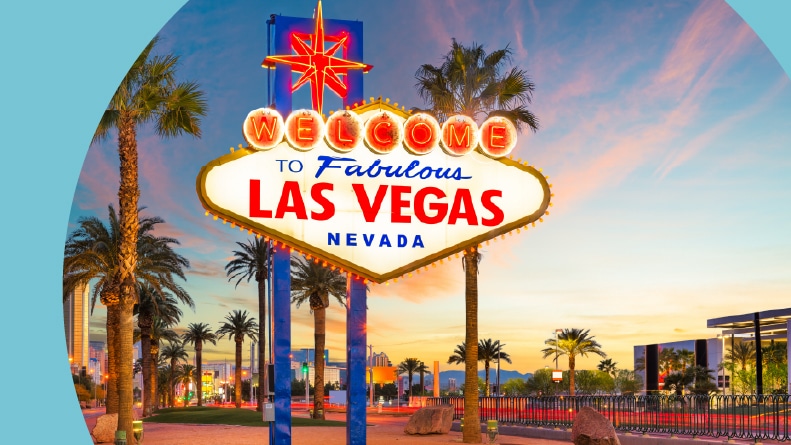 The "Welcome to Fabulous Las Vegas Nevada" sign at sunrise.