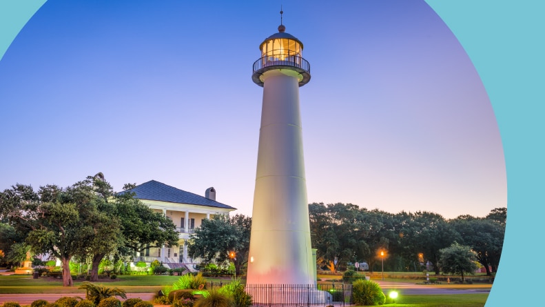The lighthouse at dusk in Biloxi, Mississippi.