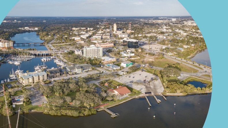 Aerial view of Melbourne Florida's historic downtown along Indian River Lagoon.