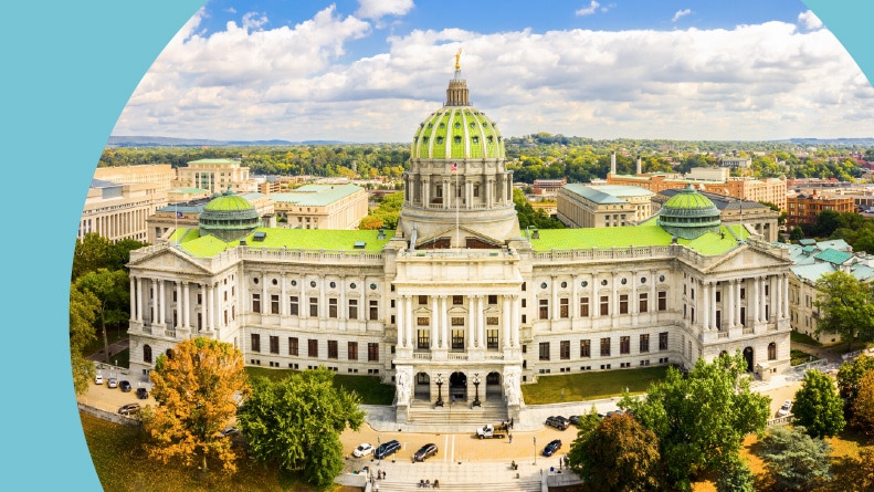 Aerial view of the Pennsylvania State Capitol in Harrisburg.