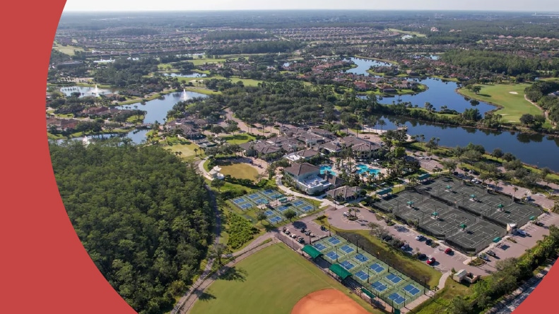 Aerial view of the amenities at Pelican Preserve in Fort Myers, Florida.