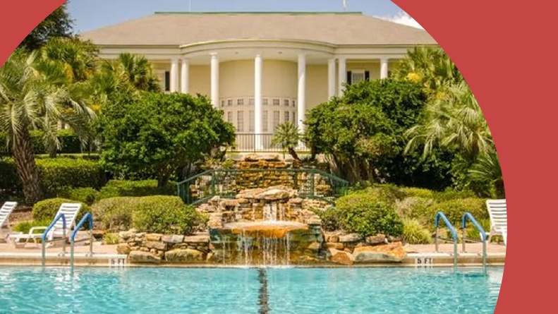 A water feature and the outdoor pool at Plantation at Leesburg in Leesburg, Florida.
