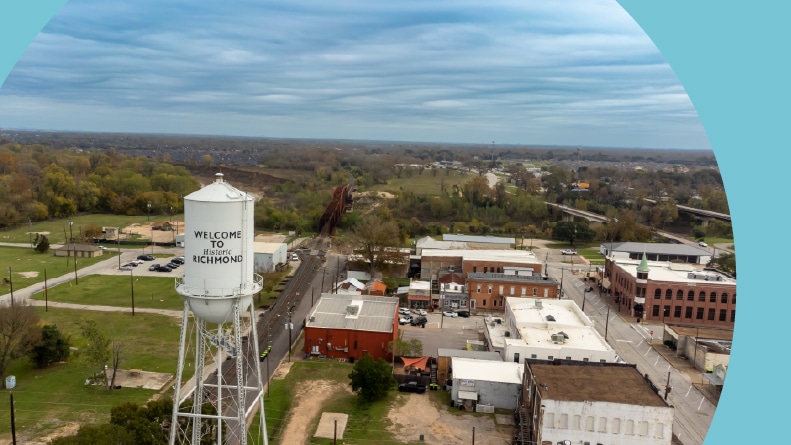 Aerial view of the downtown area of Richmond, Texas.