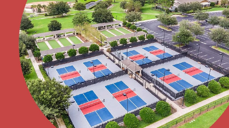 Aerial view of the pickleball courts at Stone Creek in Ocala, Florida.