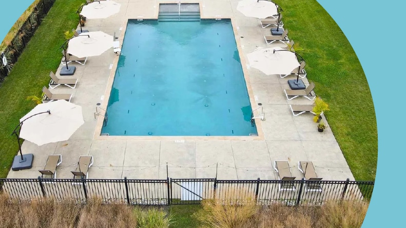 Aerial view of the outdoor pool at The Plaza Grande at Garden State Park in Cherry Hill, New Jersey.