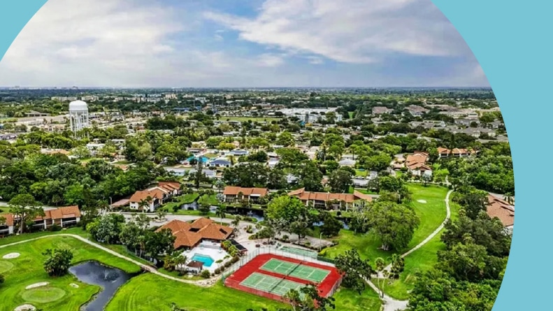Aerial view of the amenities at Timber Creek Condominiums in Bradenton, Florida.