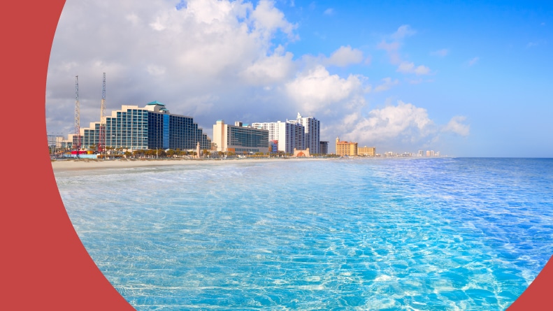View across the water of Daytona Beach, Florida, on a sunny day.