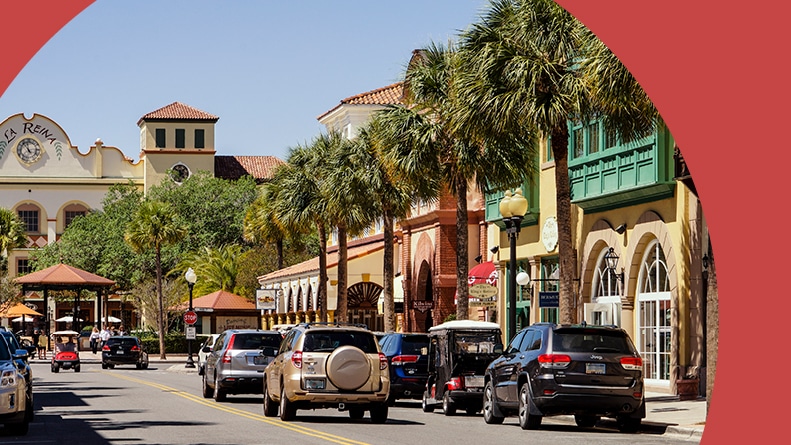 Cars lining the street in the downtown area of The Villages in Florida.