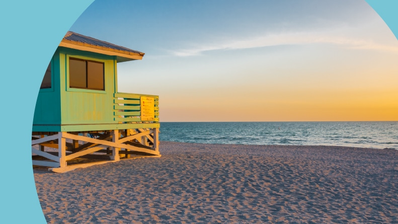 The lifeguard tower in Venice Beach, Florida, at sunset.