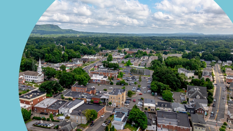 Aerial view of trees surrounding Southington, Connecticut.
