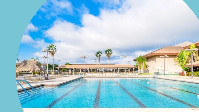 The outdoor pool at Century Village at Pembroke Pines in Pembroke Pines, Florida.