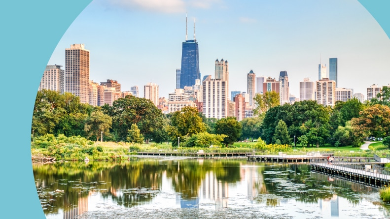 The Chicago skyline during a sunny day over the pond in Lincoln Park.