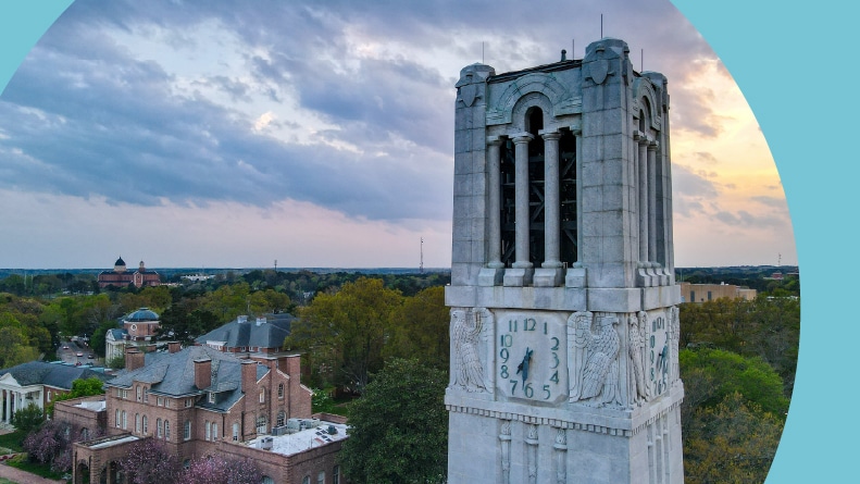The North Carolina State University bell tower at sunset.