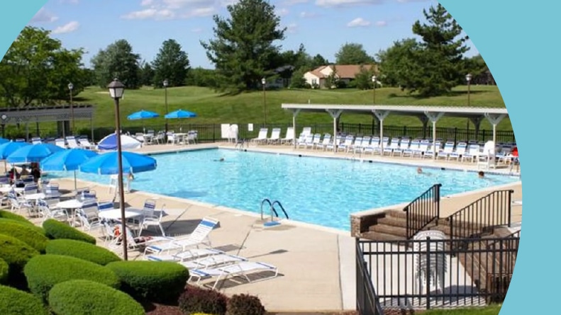 Lounge chairs surrounding the outdoor pool at Concordia in Haines Port, New Jersey.