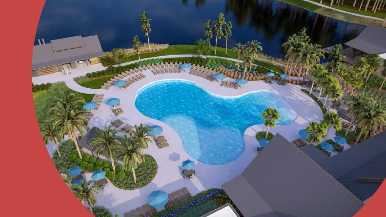 Rendering of an aerial view of the outdoor pool at Del Webb Point Hope in Charleston, South Carolina.