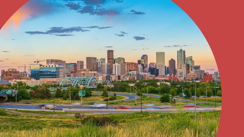 The cityscape of Denver, Colorado at sunset.