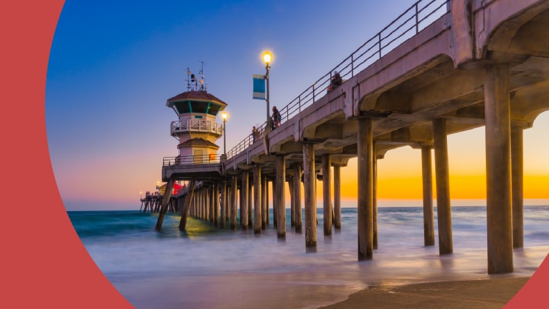 The Huntington Beach Pier in Huntington Beach, California.