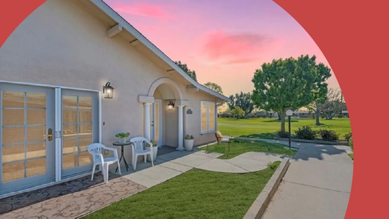 Sunset over a community building at Leisure World Seal Beach in Seal Beach, California.