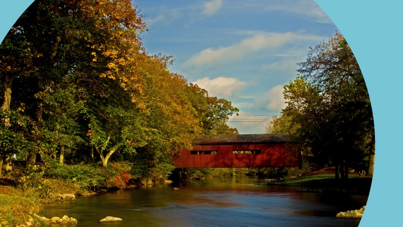 Covered bridge spanning the Yellow Breeches at Messiah College in Mechanicsburg, Pennsylvania.