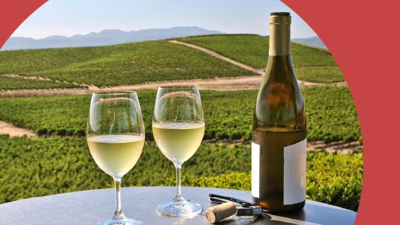 Two glasses of white wine overlooking Napa Valley.