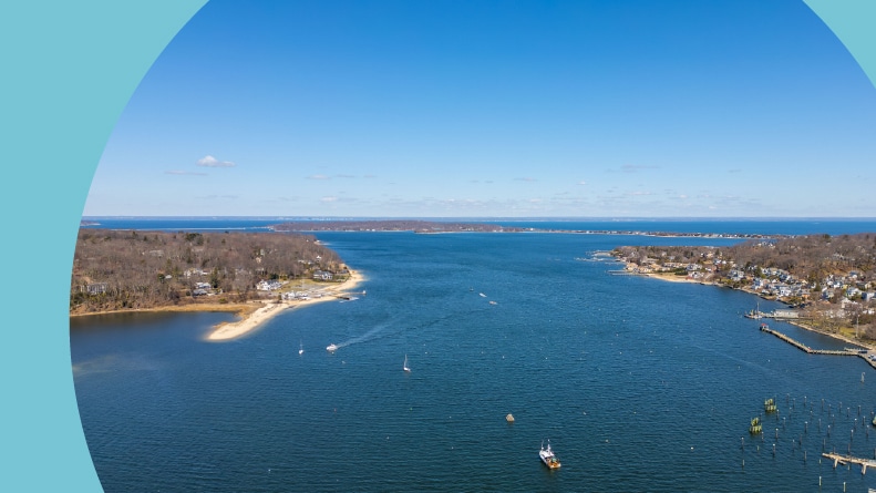 Aerial view of Bird Island and Northport Bay in Long Island, New York.